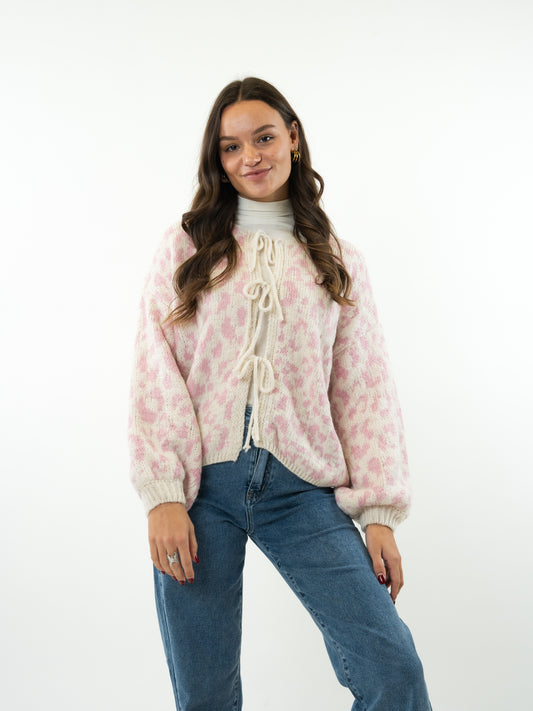 Knit Cardigan Leo Triple Bow - Rosa/Creme