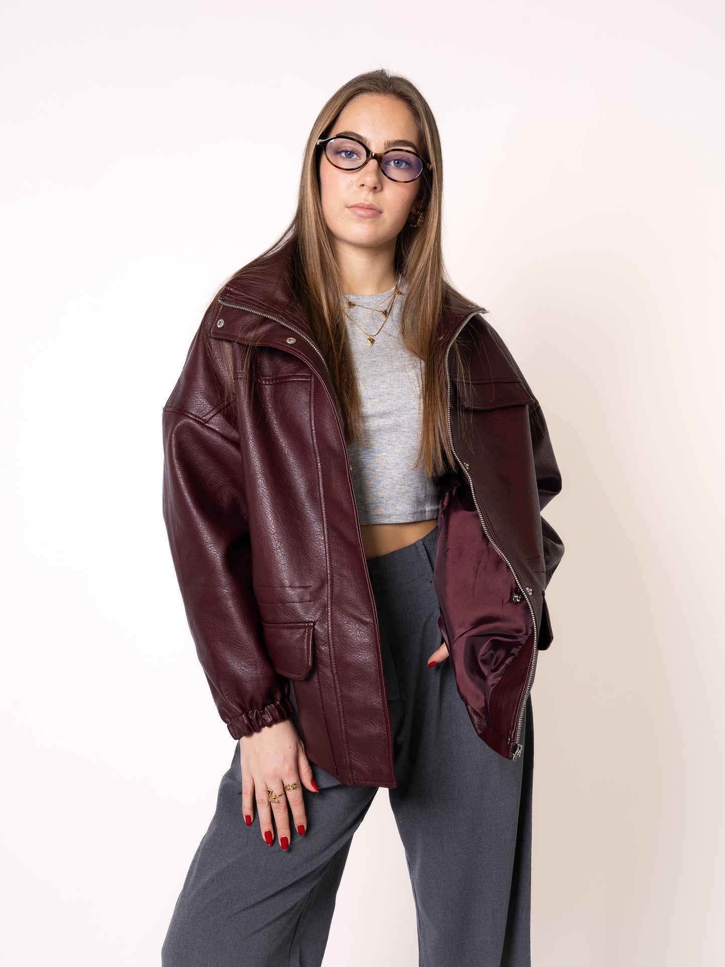 LUCKY DEAL 1214 Oversize Faux Leather Jacket - Bordeaux - vom Umtausch ausgeschlossen  -