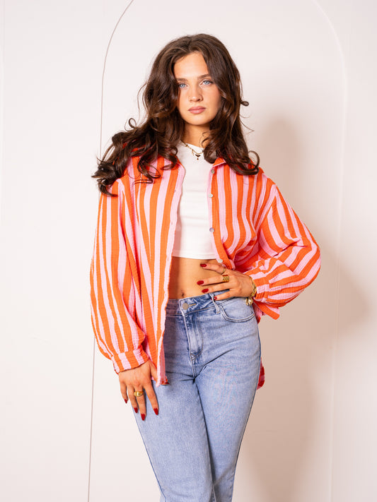 Musselinbluse Bold Stripes - Rosa/Orange