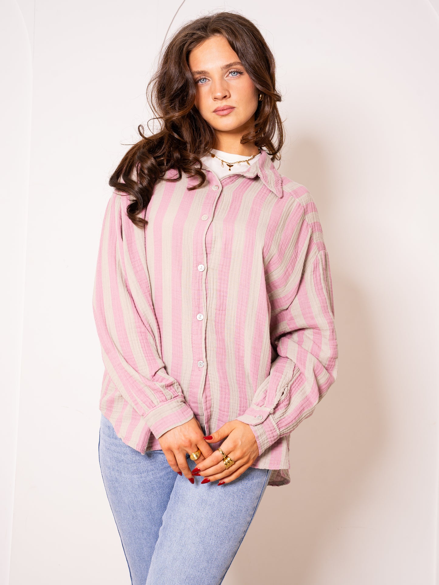 Musselinbluse Bold Stripes - Rosa/Beige