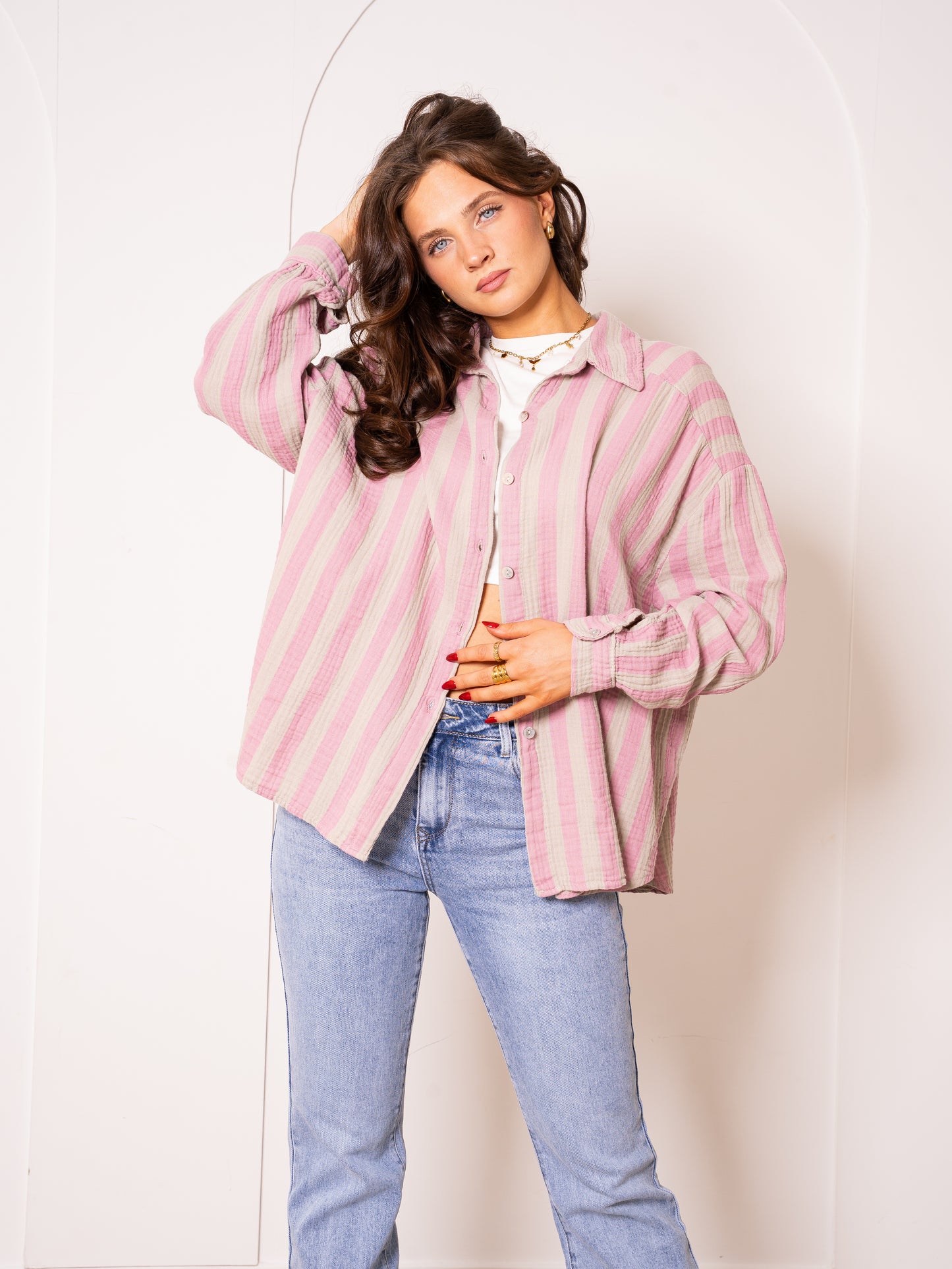 Musselinbluse Bold Stripes - Rosa/Beige