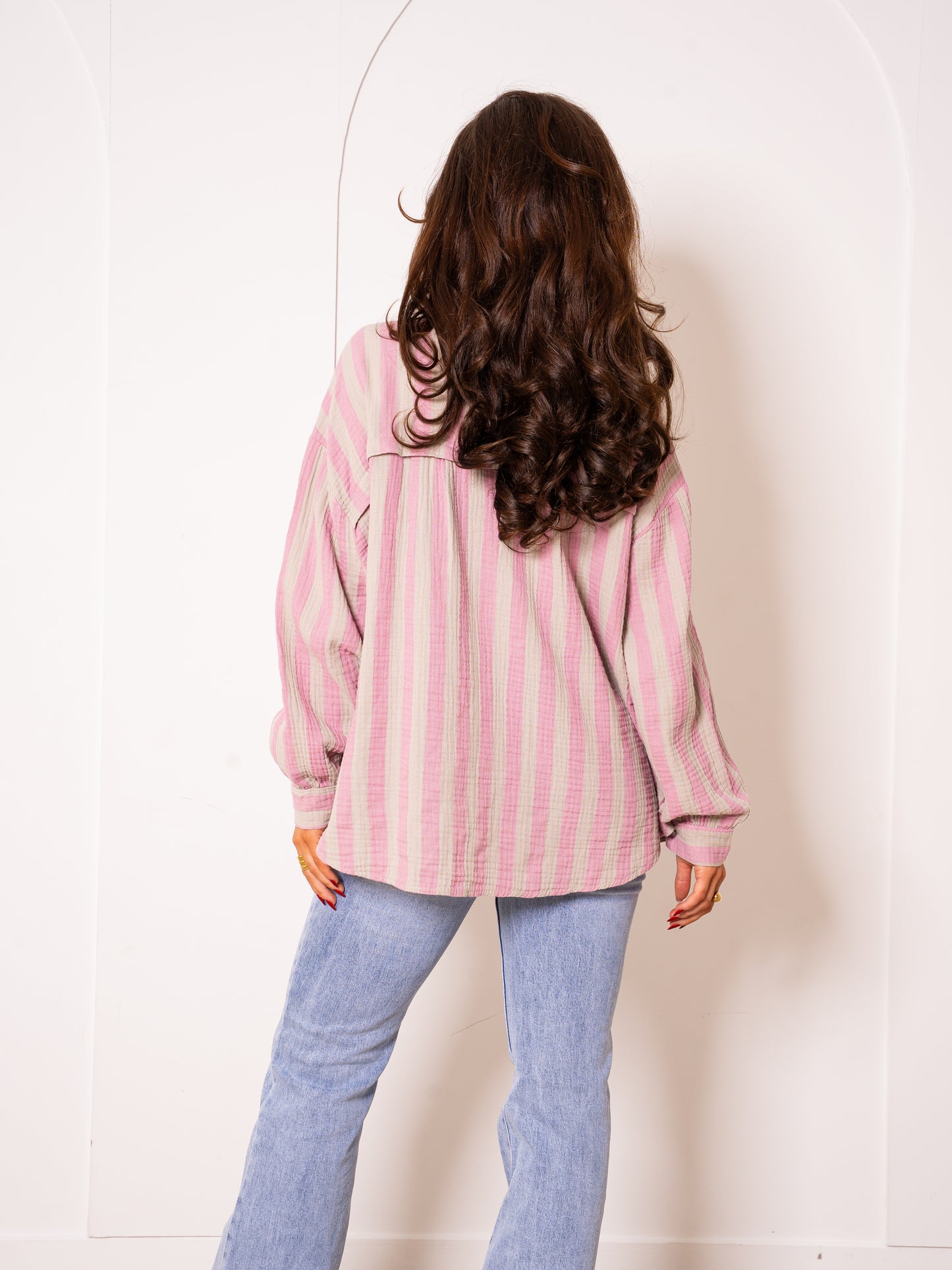 Musselinbluse Bold Stripes - Rosa/Beige