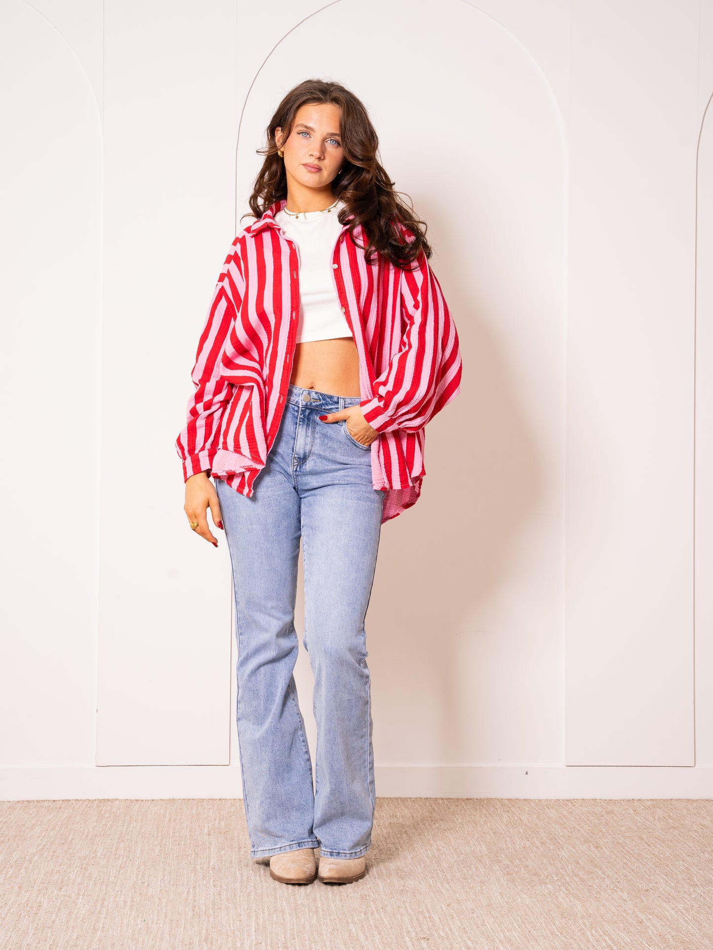 Musselinbluse Bold Stripes - Rosa/Rot