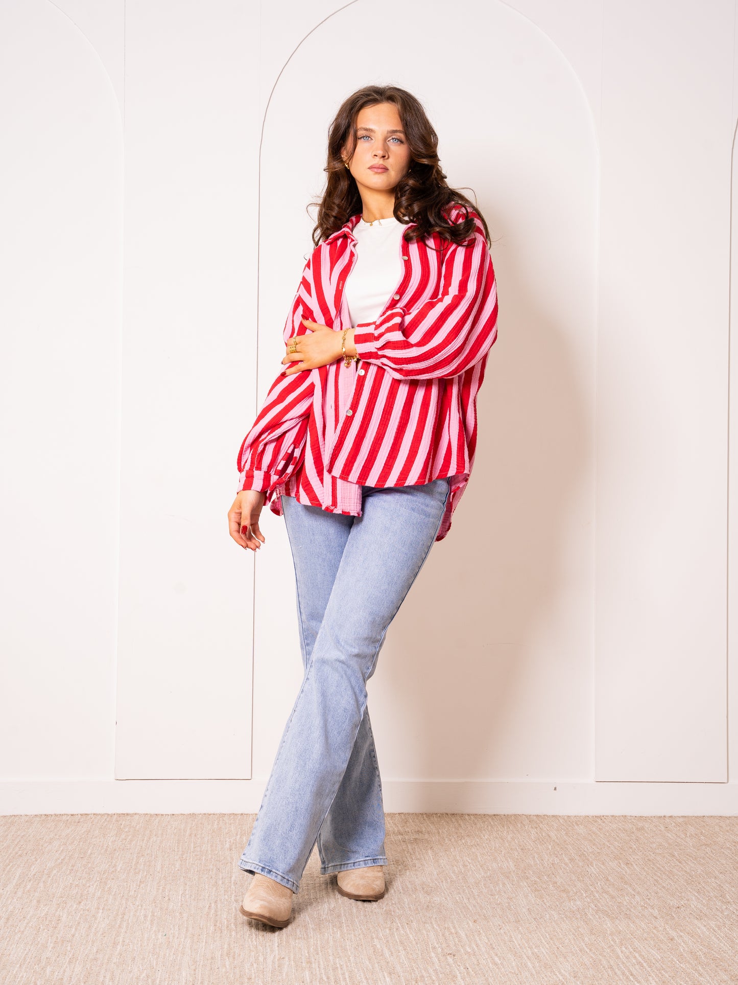 Musselinbluse Bold Stripes - Rosa/Rot