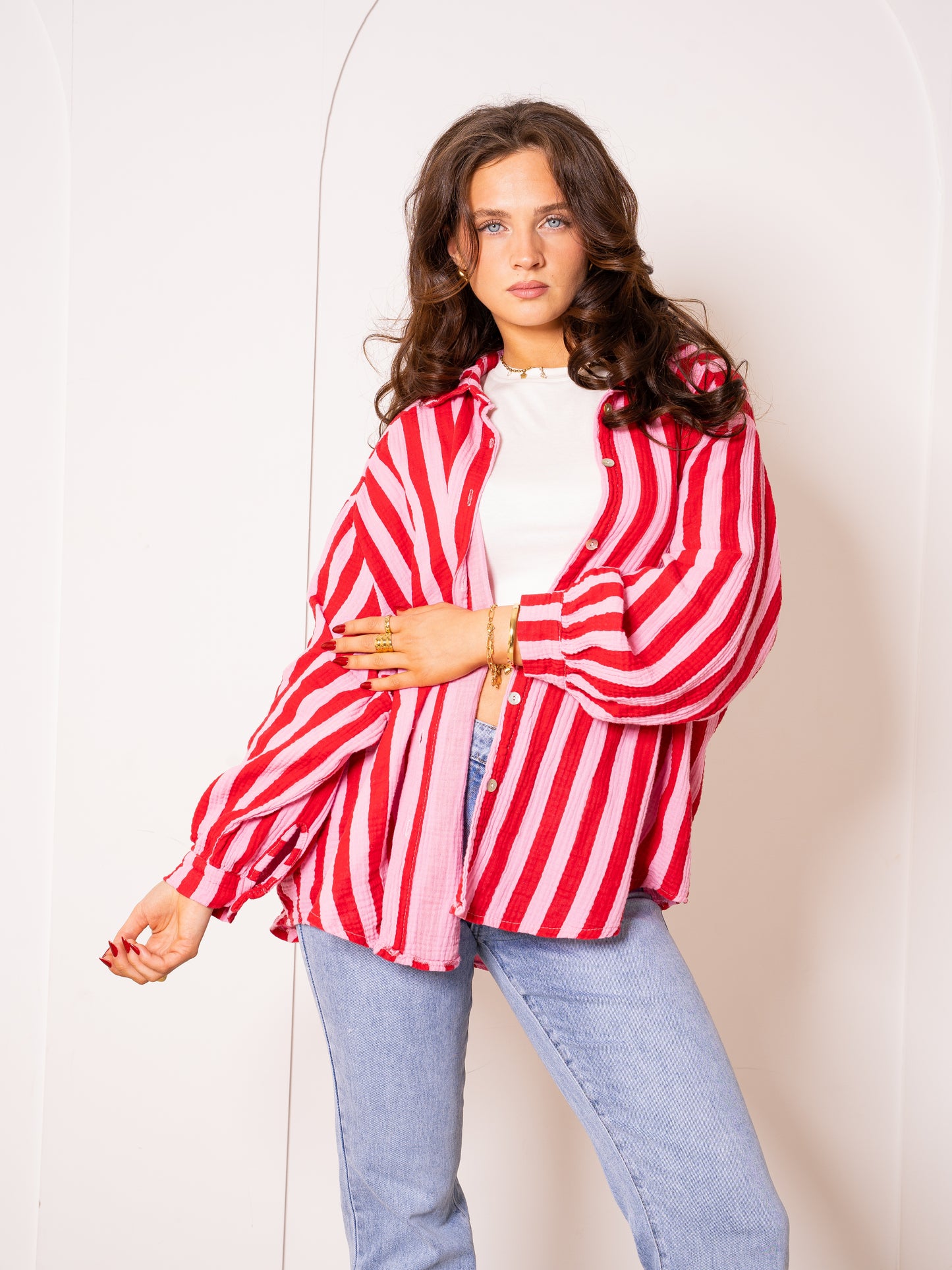 Musselinbluse Bold Stripes - Rosa/Rot