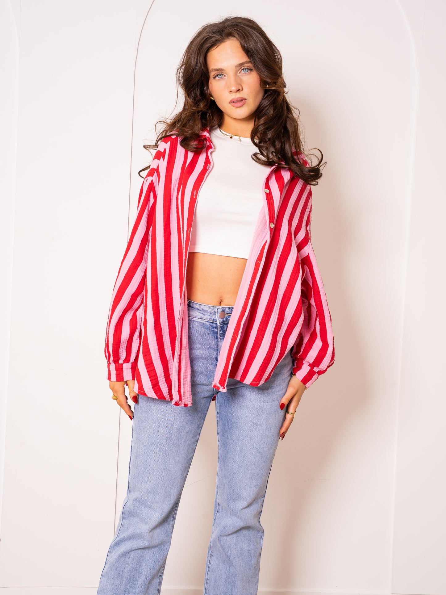 Musselinbluse Bold Stripes - Rosa/Rot