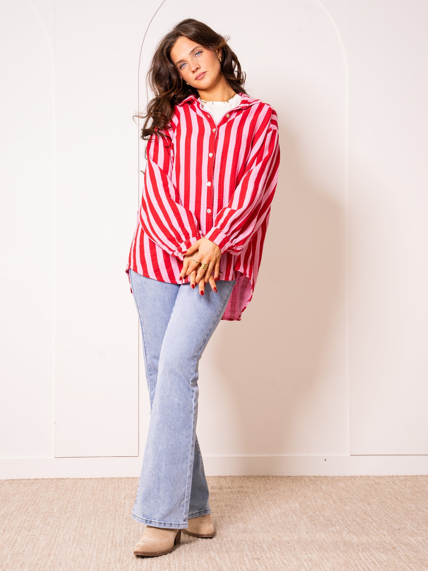 Musselinbluse Bold Stripes - Rosa/Rot