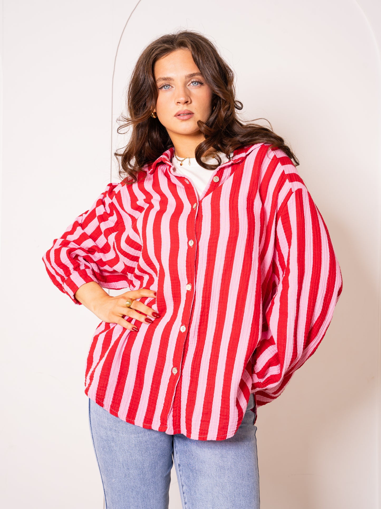 Musselinbluse Bold Stripes - Rosa/Rot