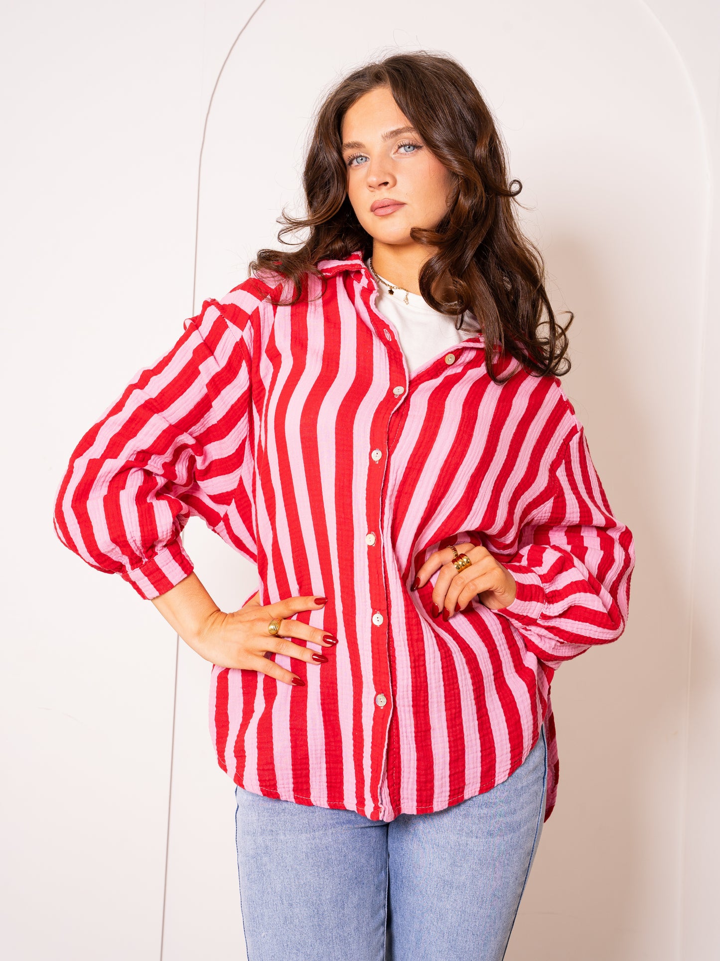 Musselinbluse Bold Stripes - Rosa/Rot