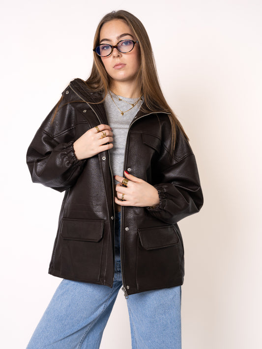 Oversize Faux Leather Jacket - Dunkelbraun