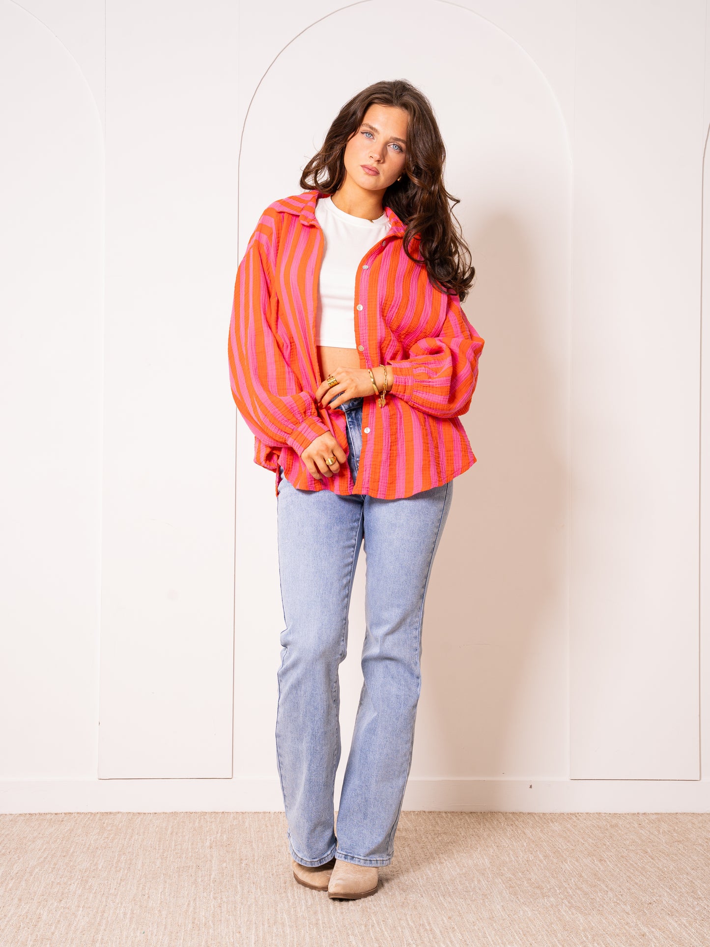 Musselinbluse Bold Stripes - Pink/Orange