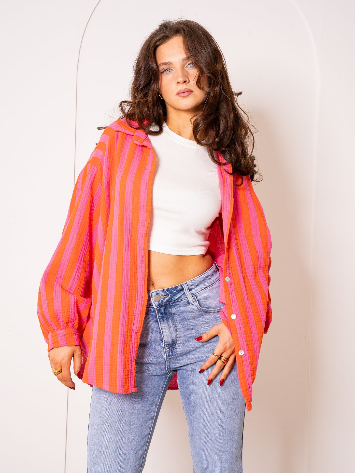 Musselinbluse Bold Stripes - Pink/Orange