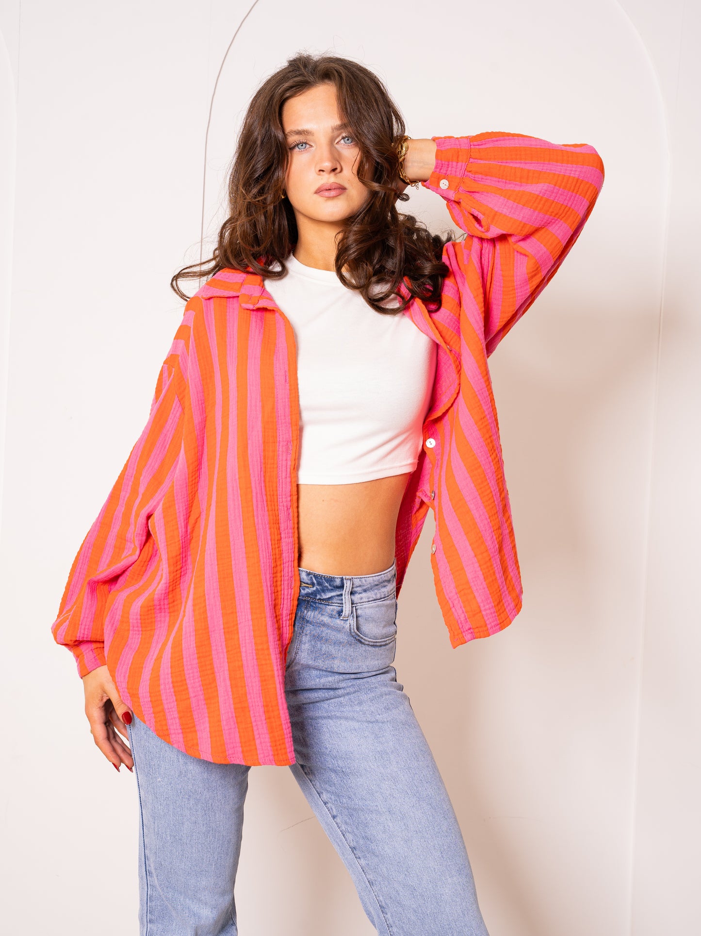 Musselinbluse Bold Stripes - Pink/Orange