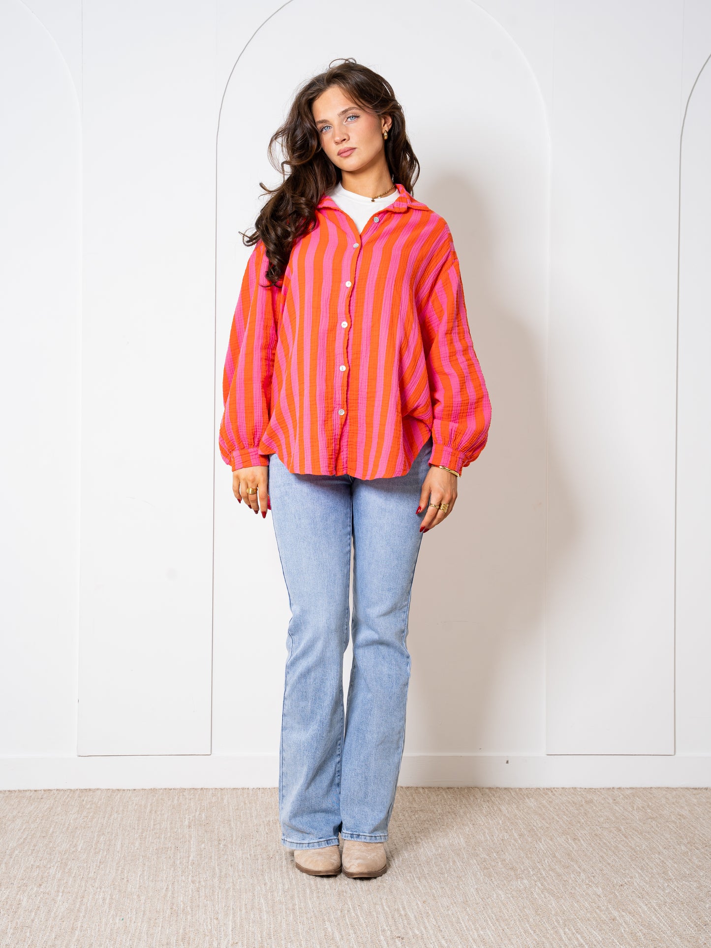 Musselinbluse Bold Stripes - Pink/Orange