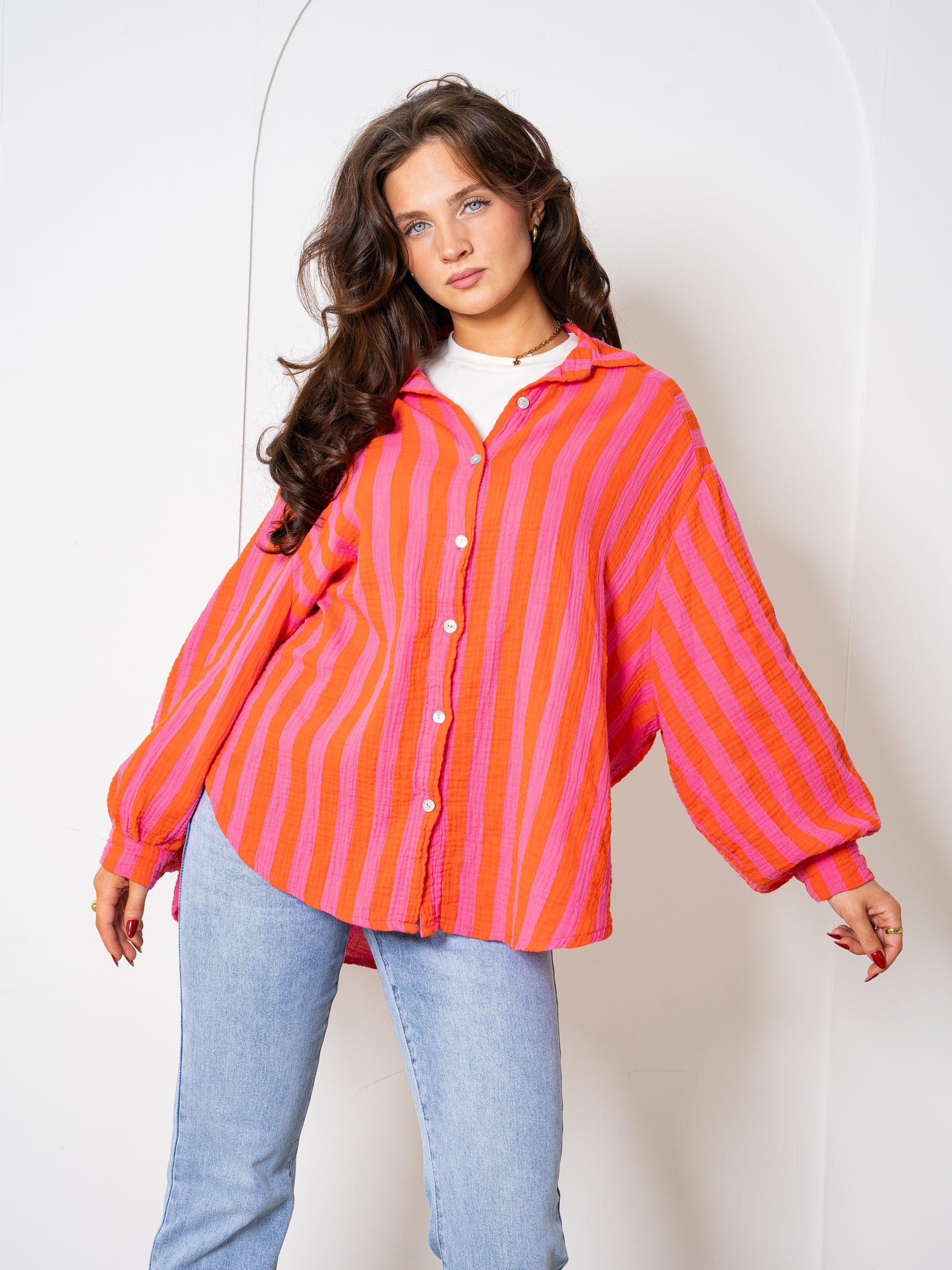 Musselinbluse Bold Stripes - Pink/Orange