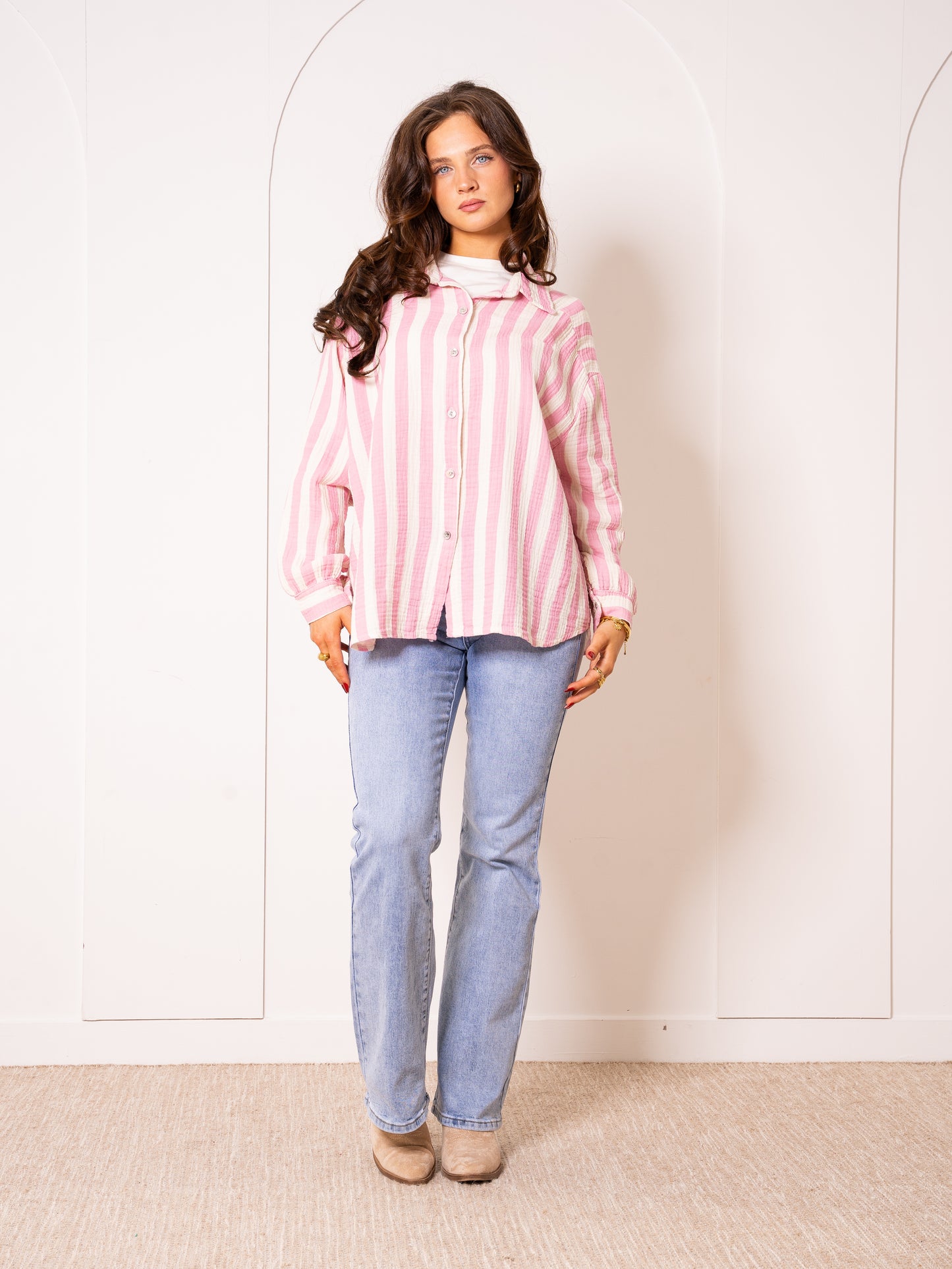 Musselinbluse Bold Stripes - Rosa/Weiß