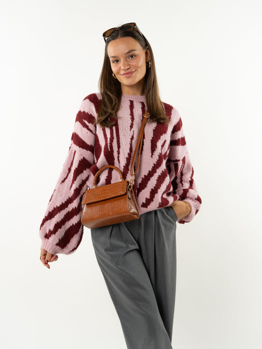 Zebra Strick Pullover - Rosa mit Bordeaux