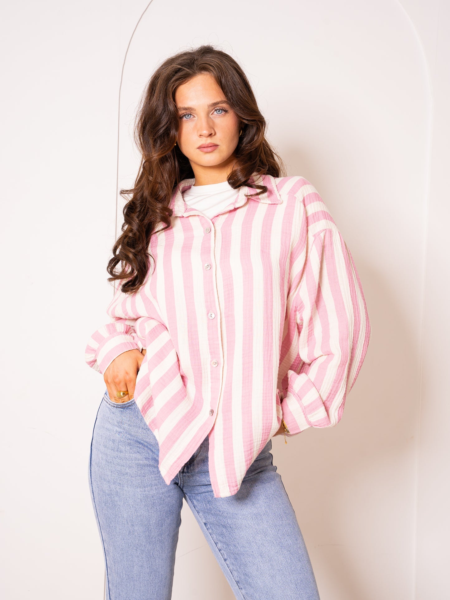 Musselinbluse Bold Stripes - Rosa/Weiß