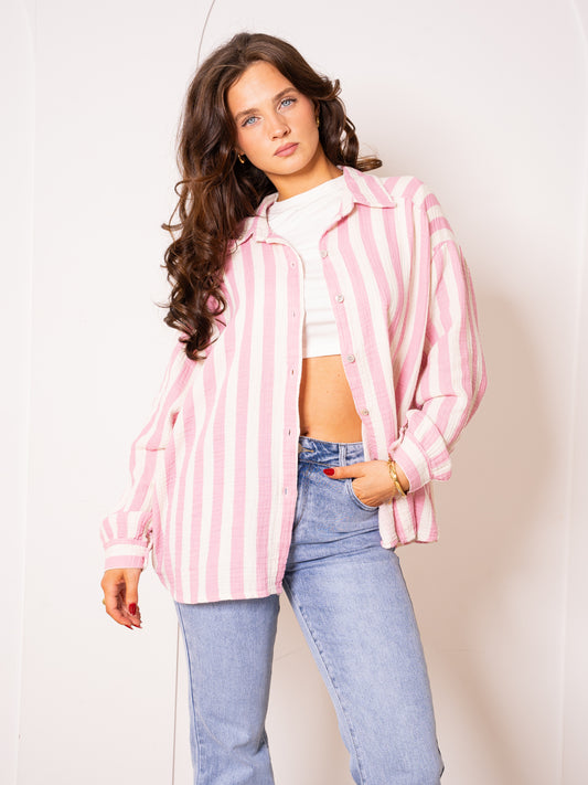 Musselinbluse Bold Stripes - Rosa/Weiß