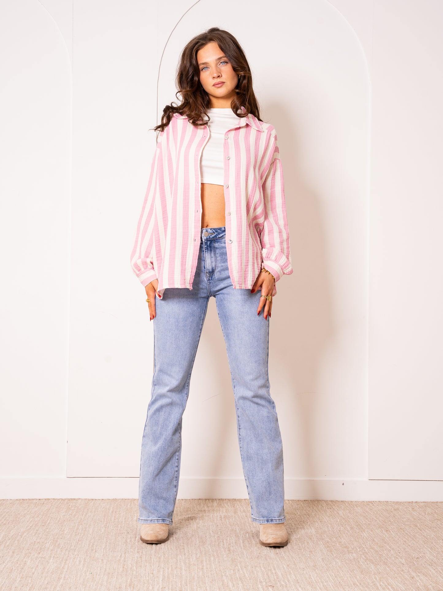 Musselinbluse Bold Stripes - Rosa/Weiß