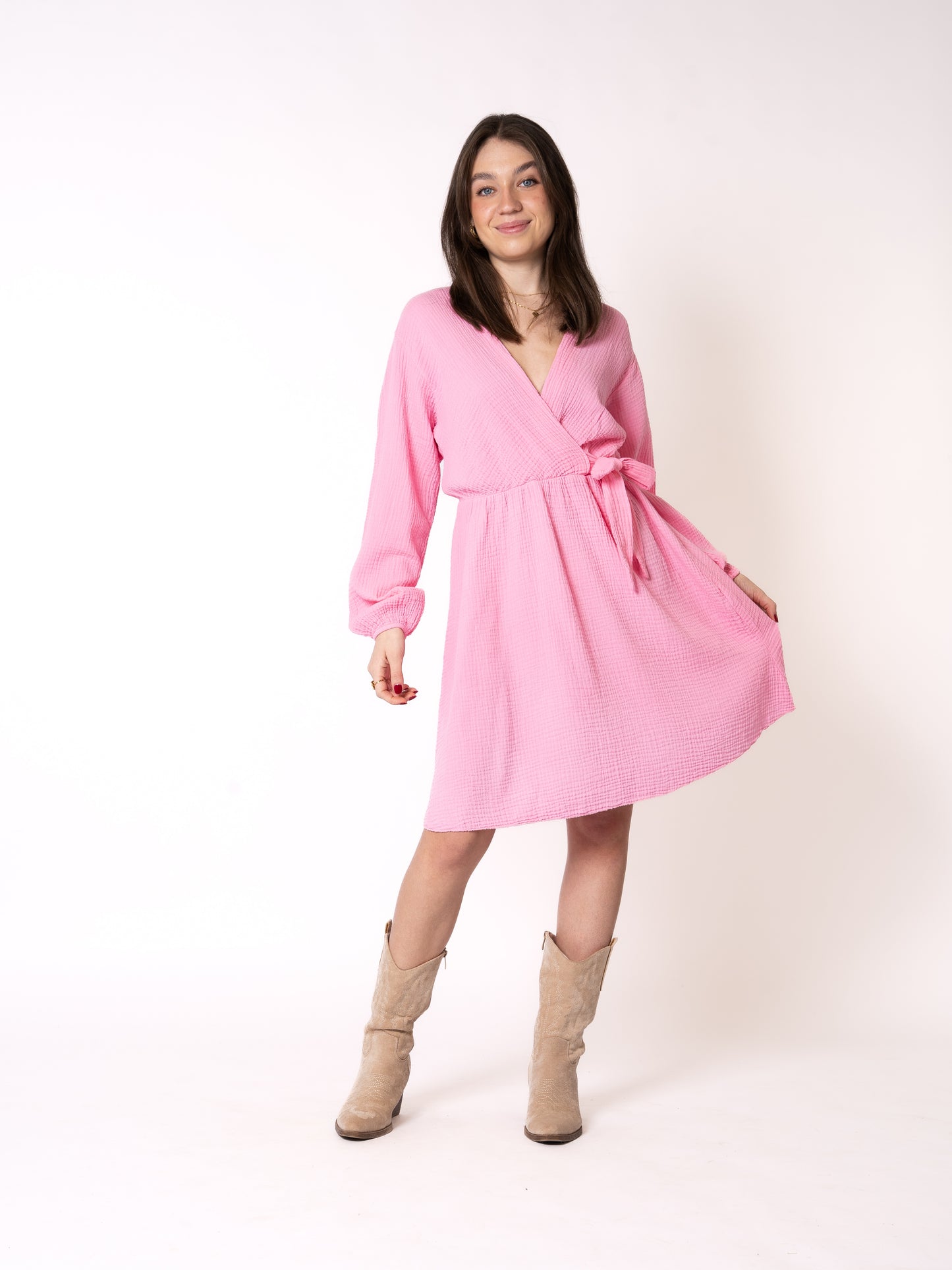 Musselin Langarm Wickelkleid Mathilda - Rosa