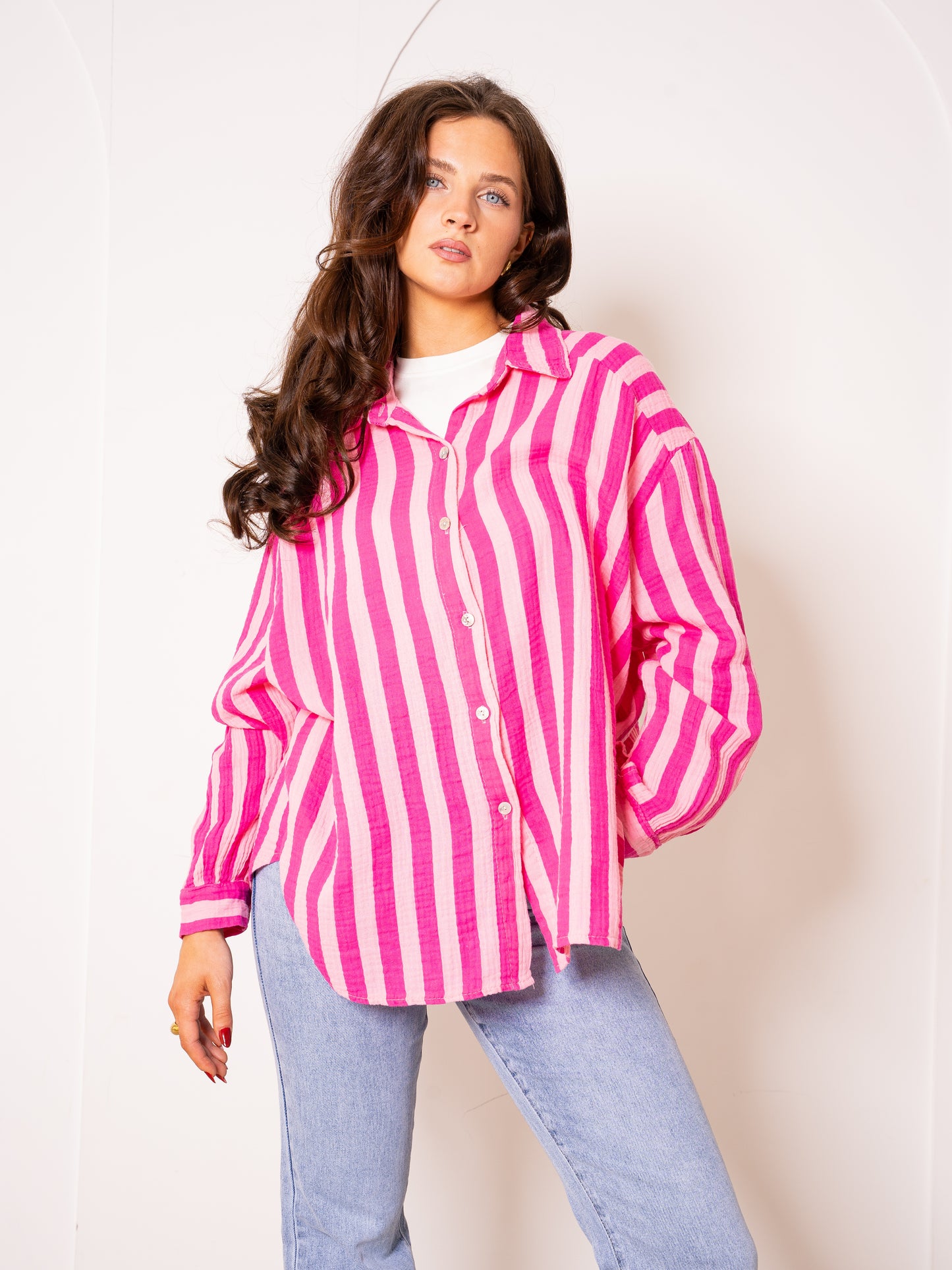 Musselinbluse Bold Stripes - Pink/Rosa