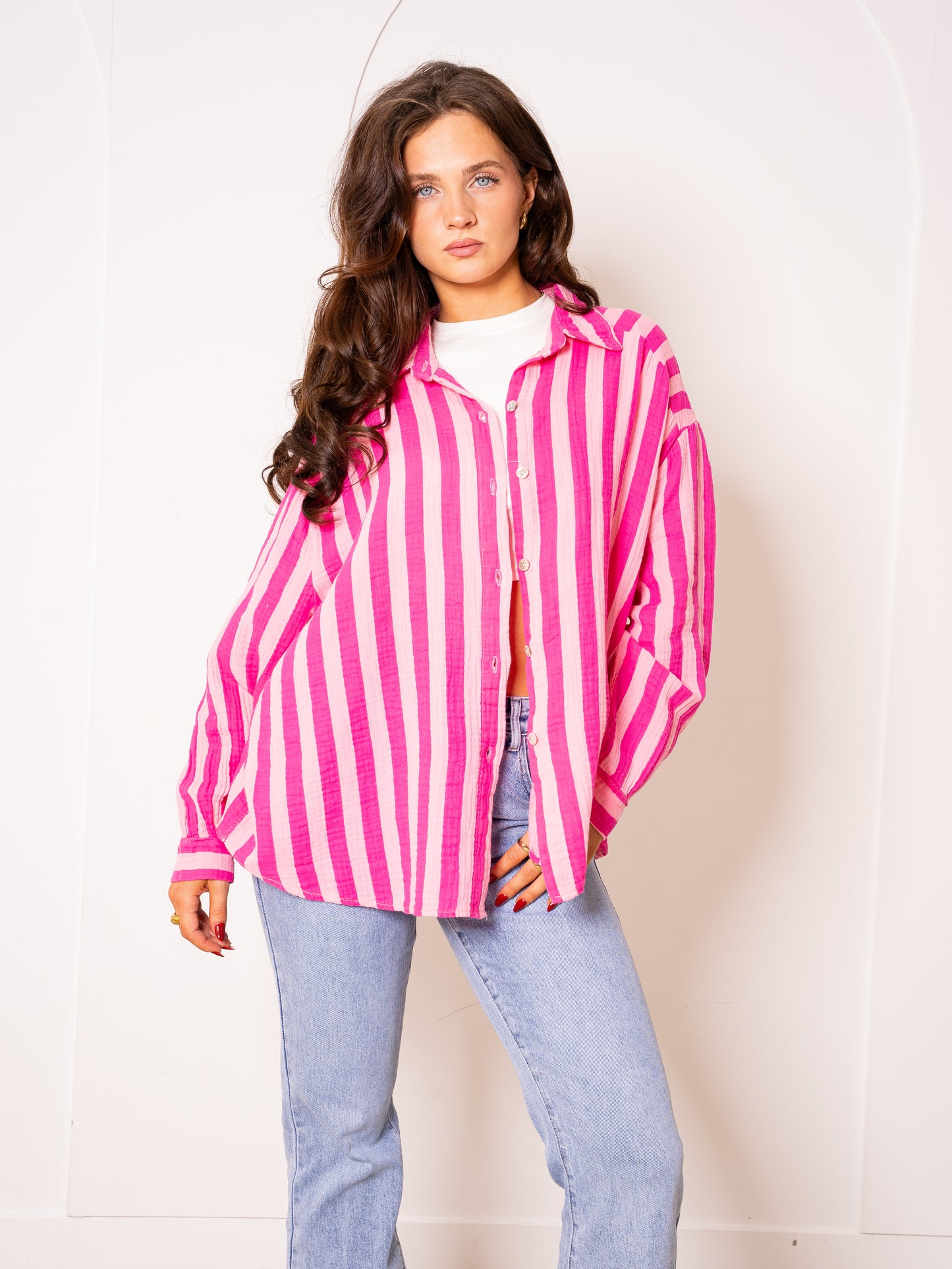 Musselinbluse Bold Stripes - Pink/Rosa