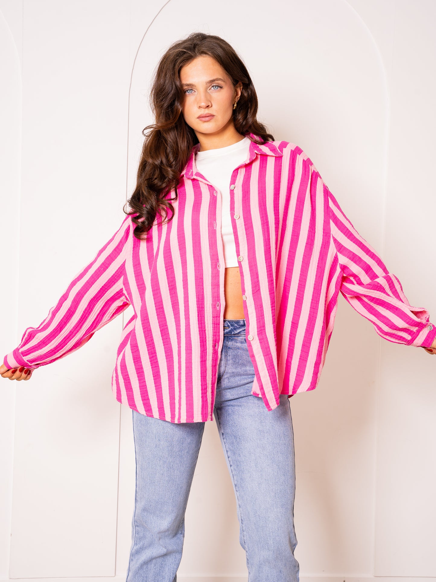 Musselinbluse Bold Stripes - Pink/Rosa