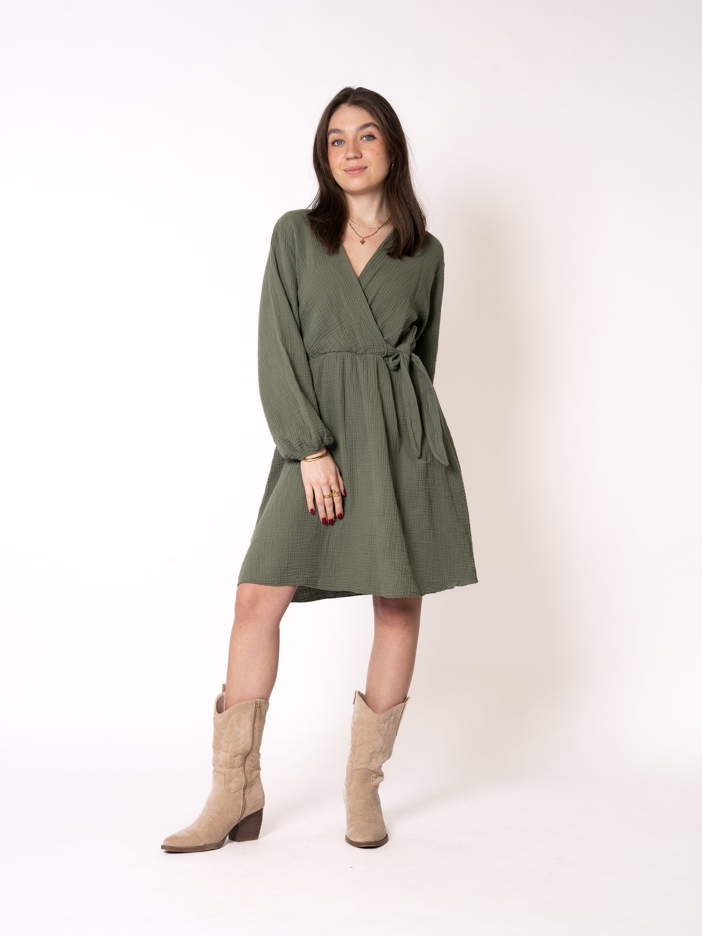 Musselin Langarm Wickelkleid Mathilda - Khaki