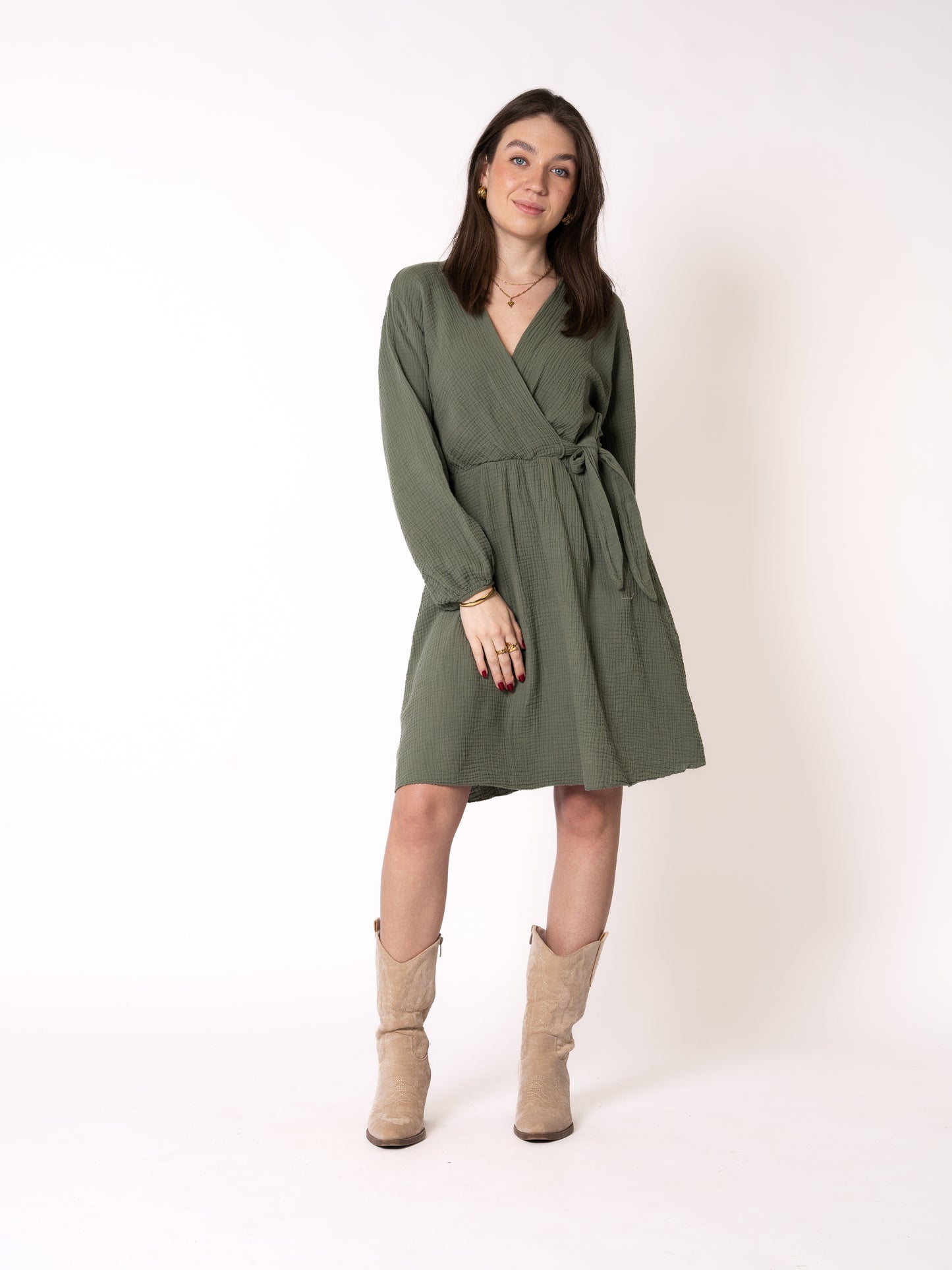 Musselin Langarm Wickelkleid Mathilda - Khaki