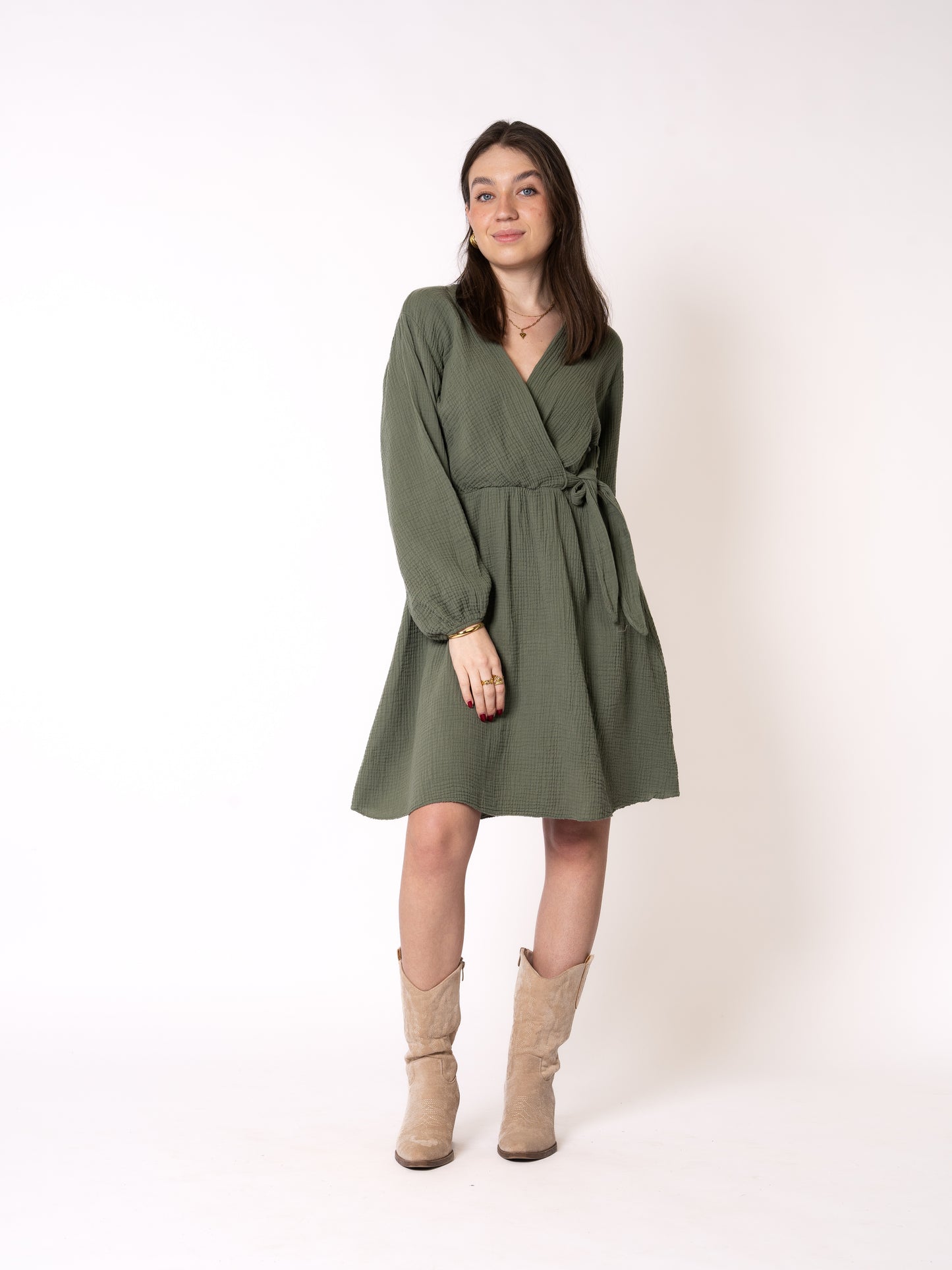 Musselin Langarm Wickelkleid Mathilda - Khaki