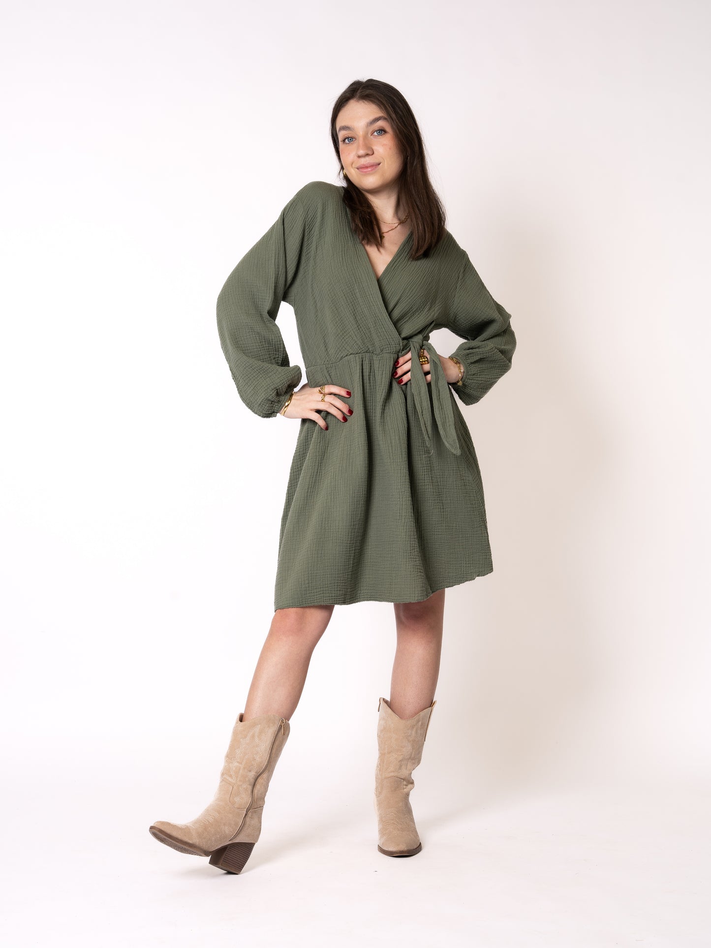 Musselin Langarm Wickelkleid Mathilda - Khaki