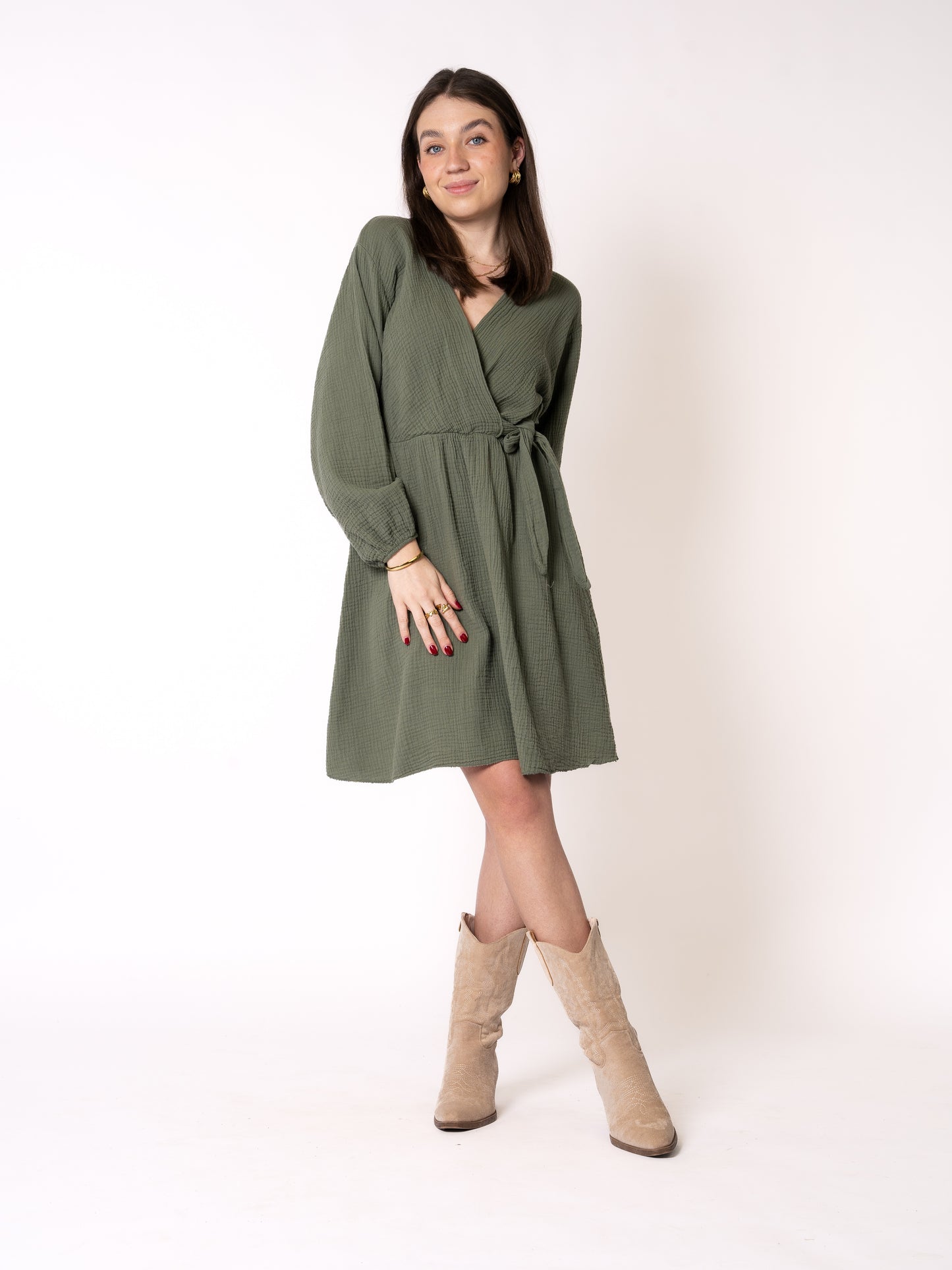 Musselin Langarm Wickelkleid Mathilda - Khaki