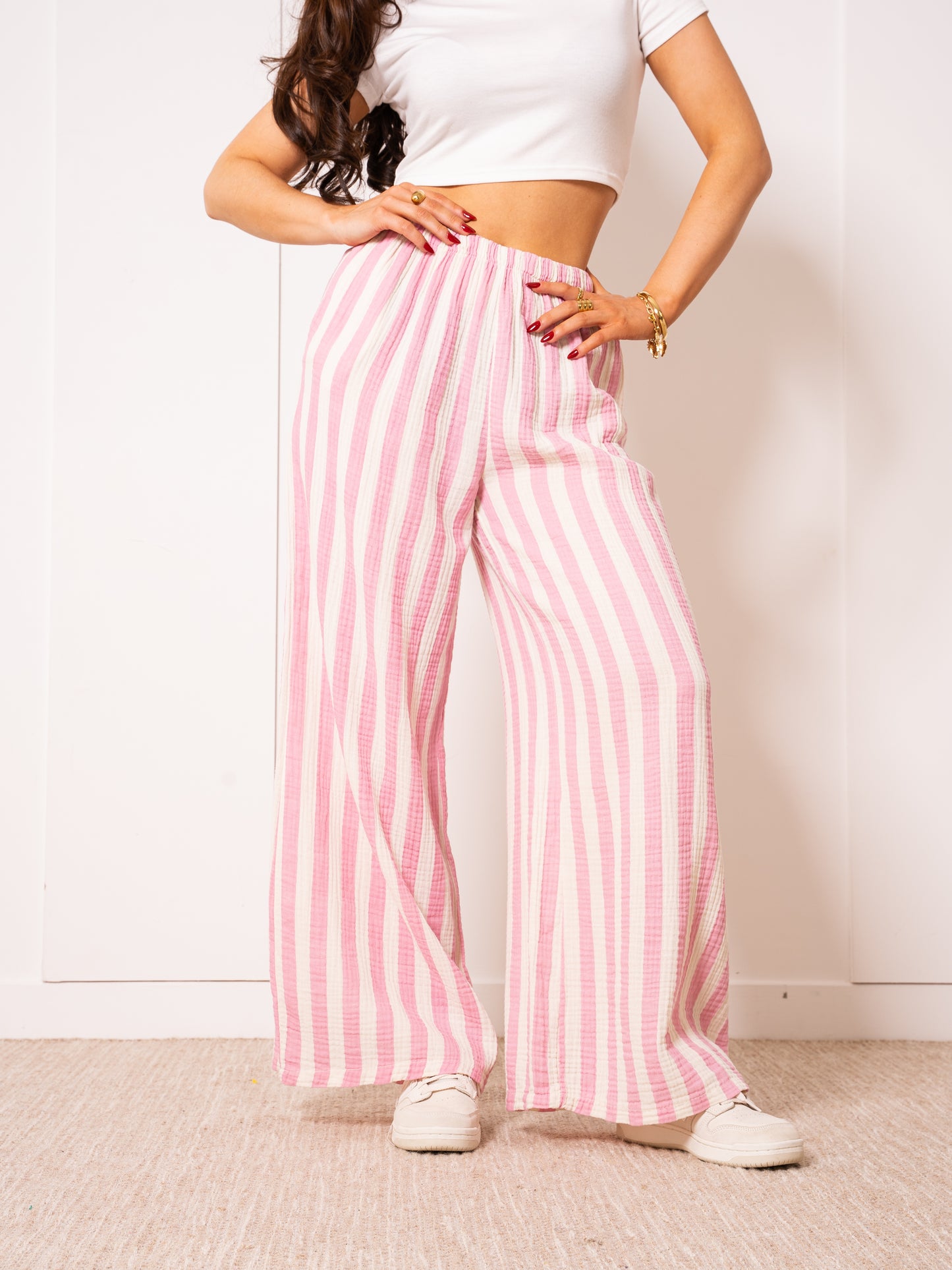 Musselinhose Medium Bold Stripes - Rosa/Weiß