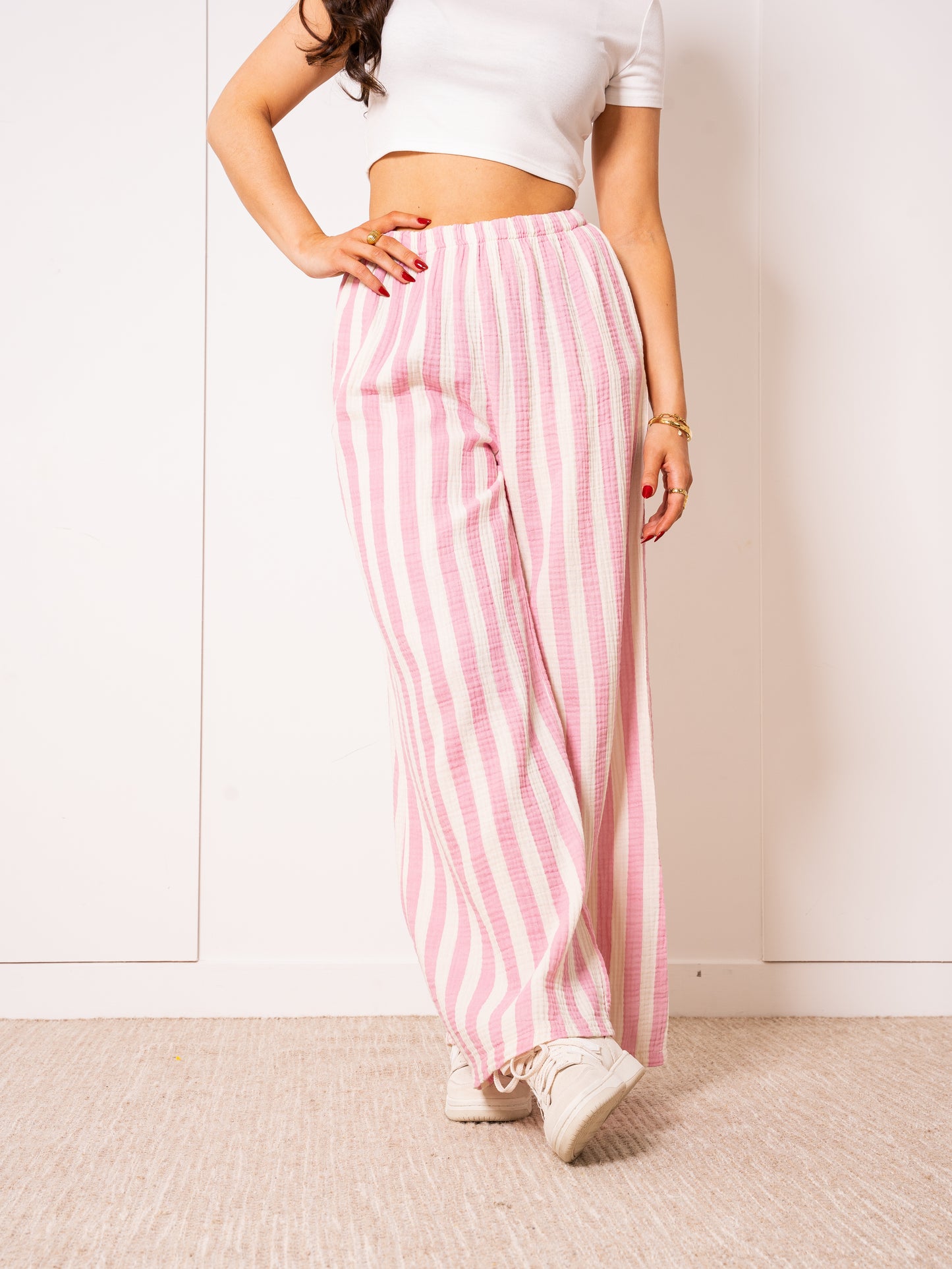 Musselinhose Medium Bold Stripes - Rosa/Weiß