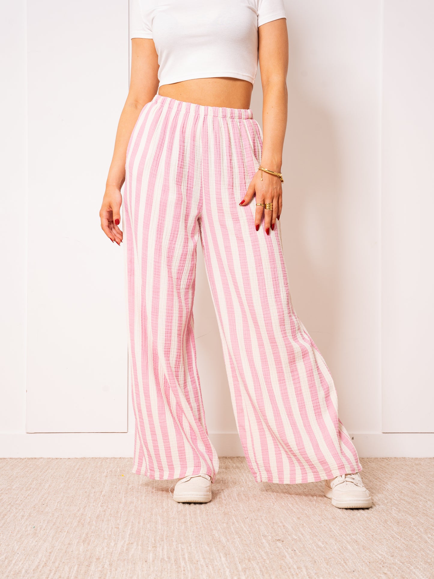 Musselinhose Medium Bold Stripes - Rosa/Weiß