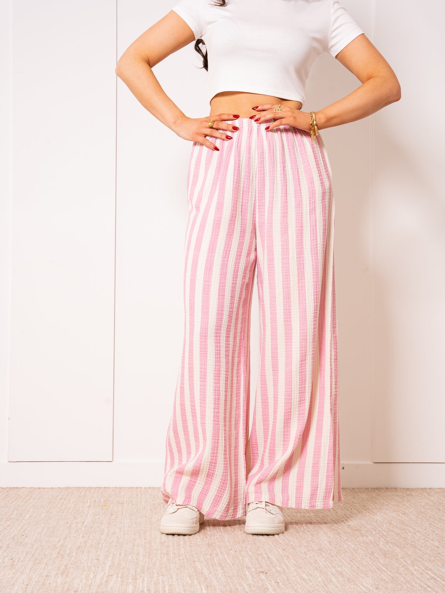 Musselinhose Medium Bold Stripes - Rosa/Weiß