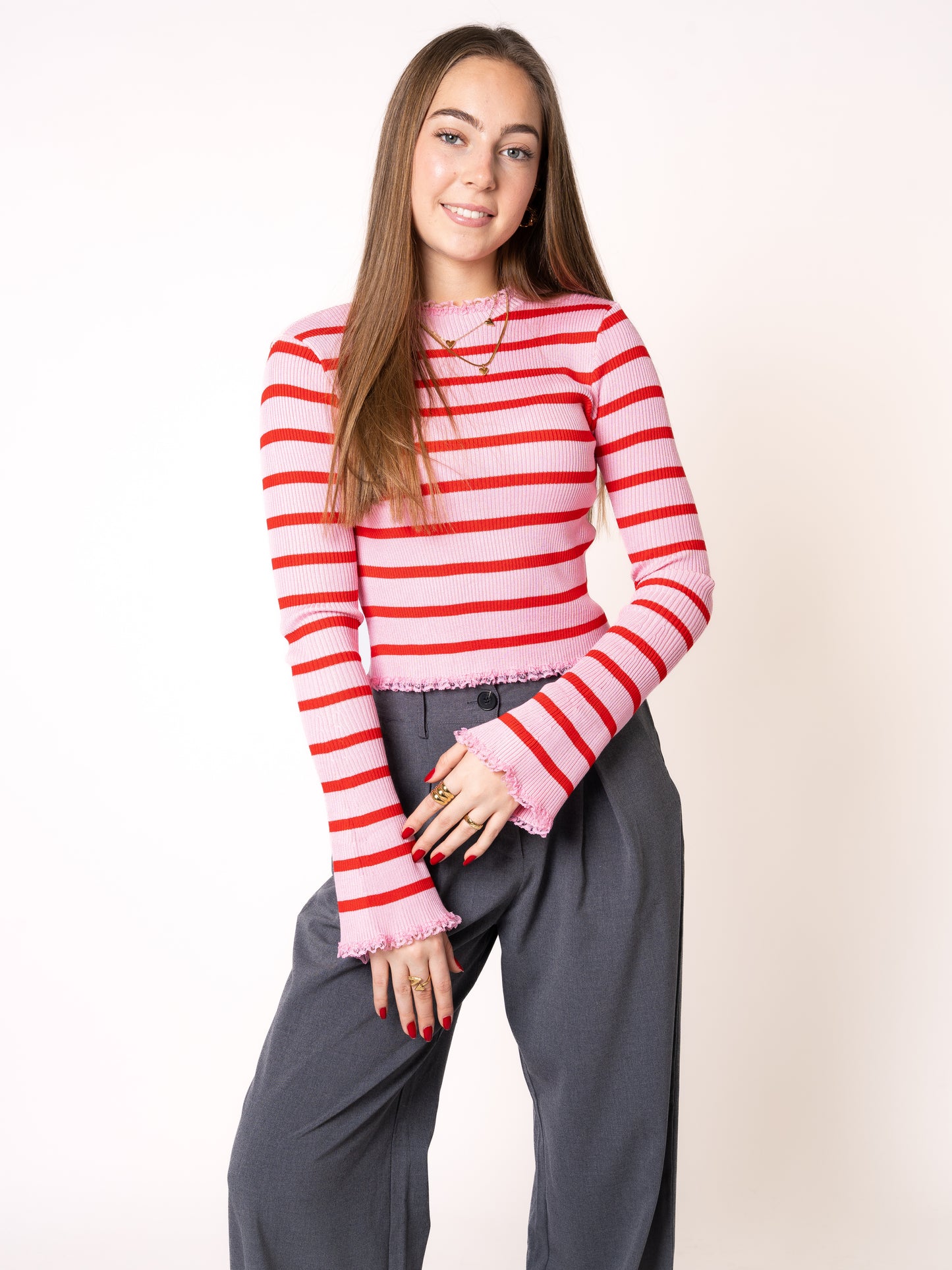 Ruffle Stripes Longsleeve - Rosa mit Rot