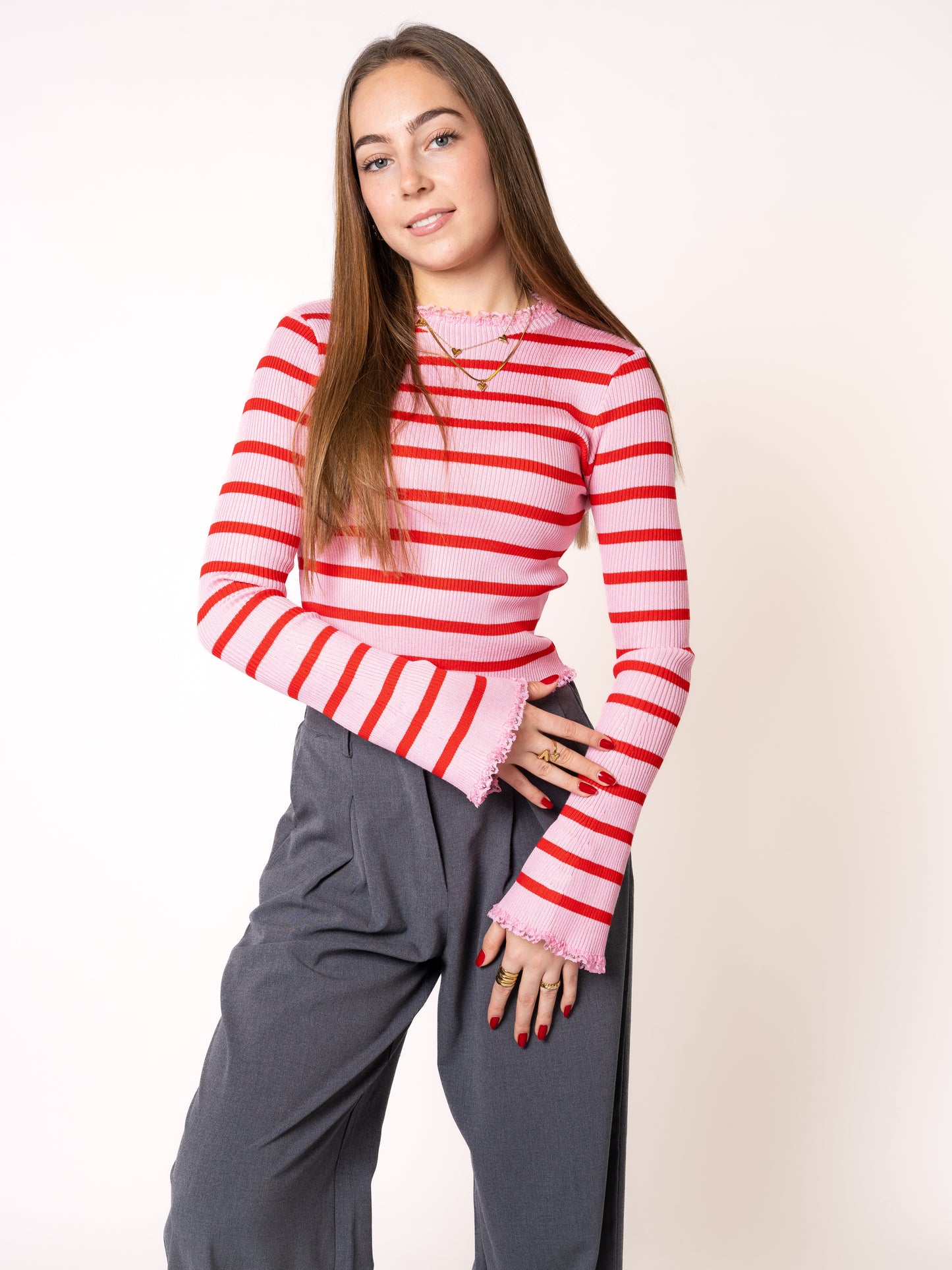 Ruffle Stripes Longsleeve - Rosa mit Rot