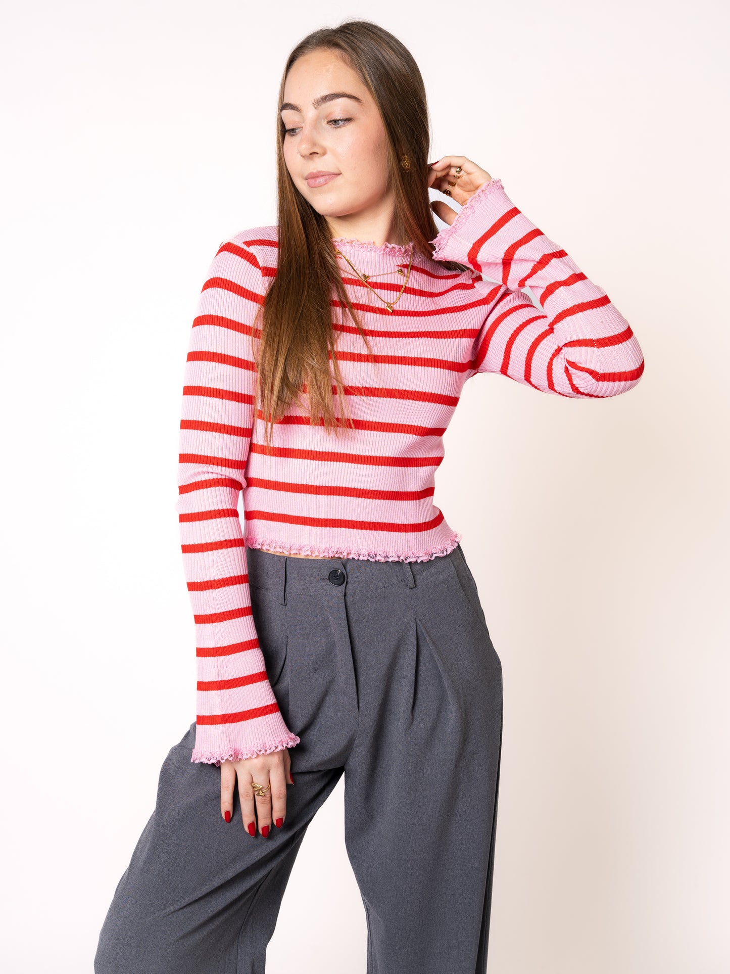 Ruffle Stripes Longsleeve - Rosa mit Rot