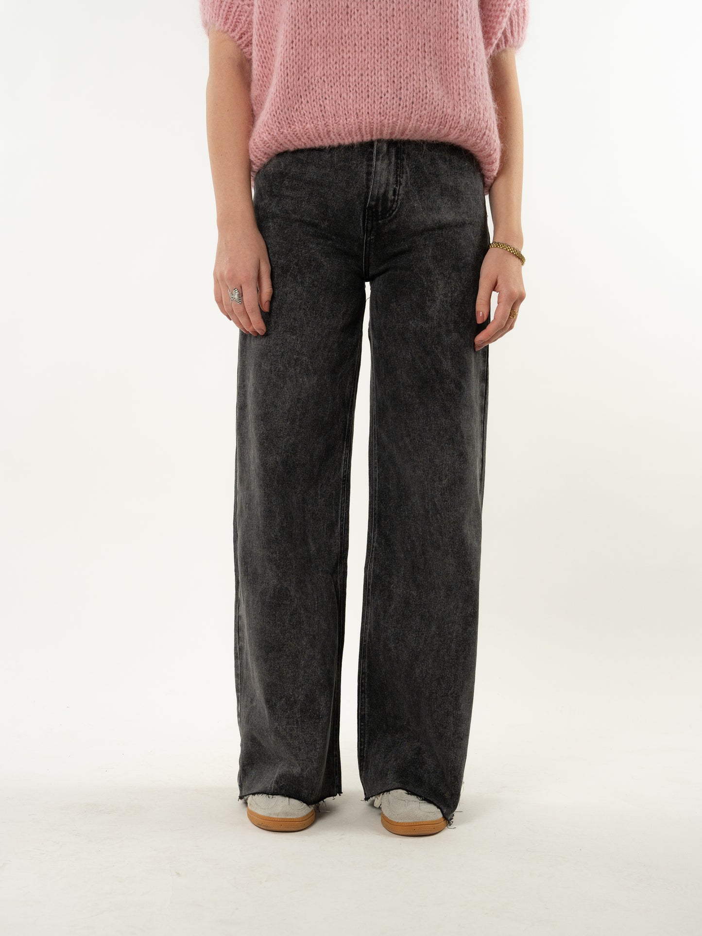 Wide Leg Jeans - Washed Schwarz