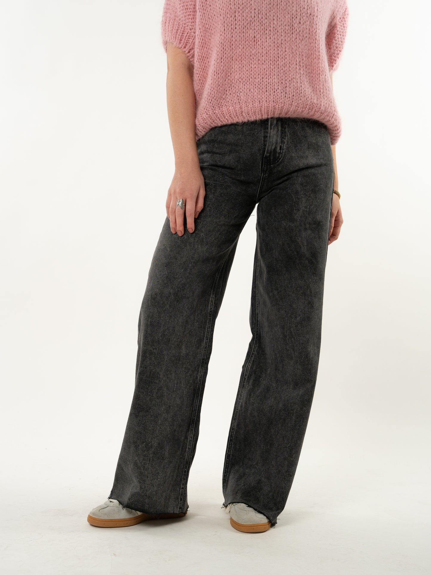 Wide Leg Jeans - Washed Schwarz