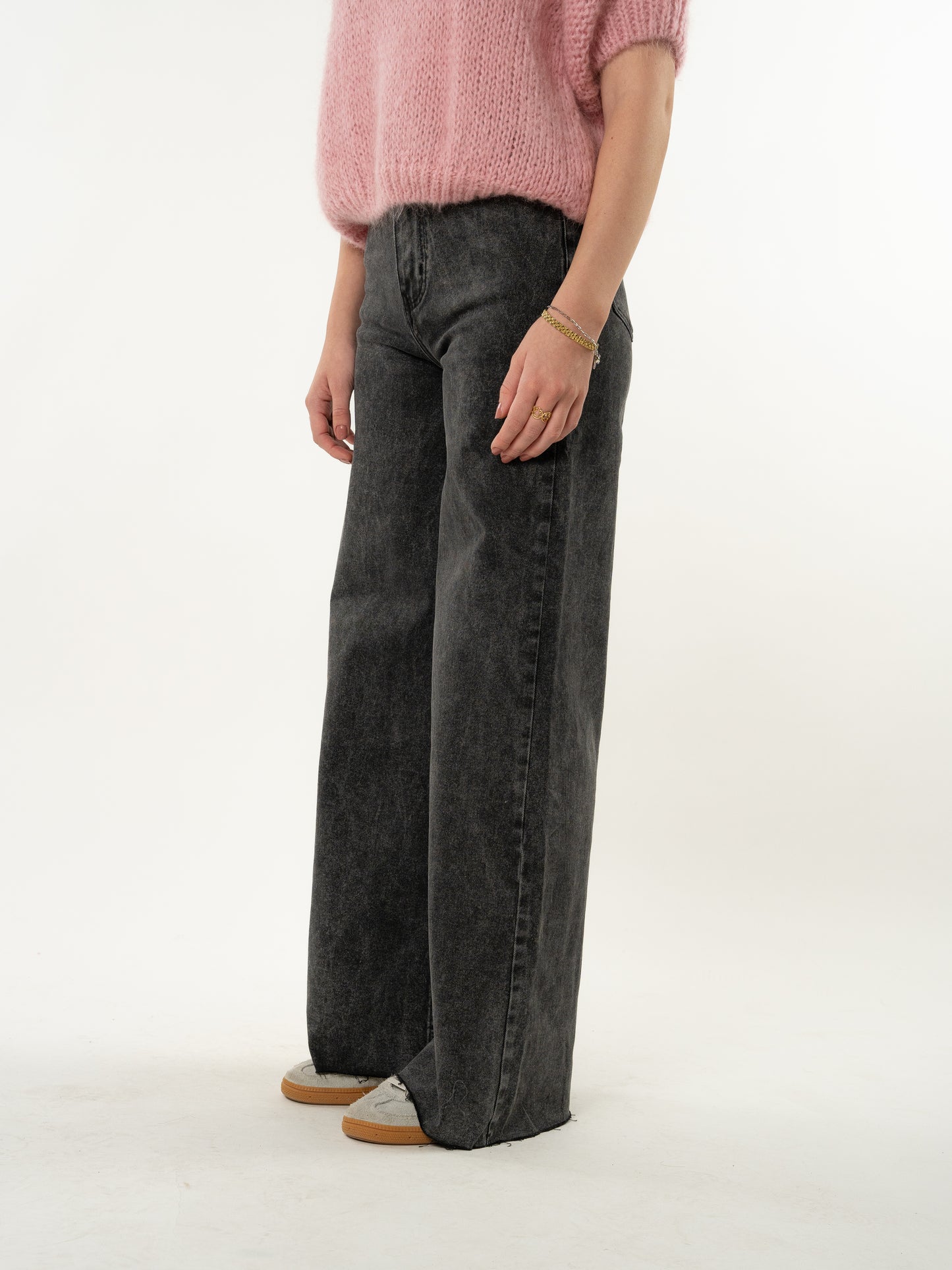 Wide Leg Jeans - Washed Schwarz